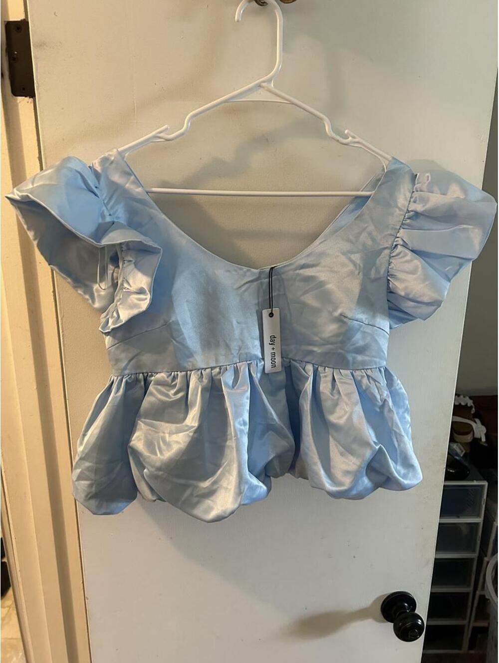 NWT Day + Moon light blue satin crop top size M